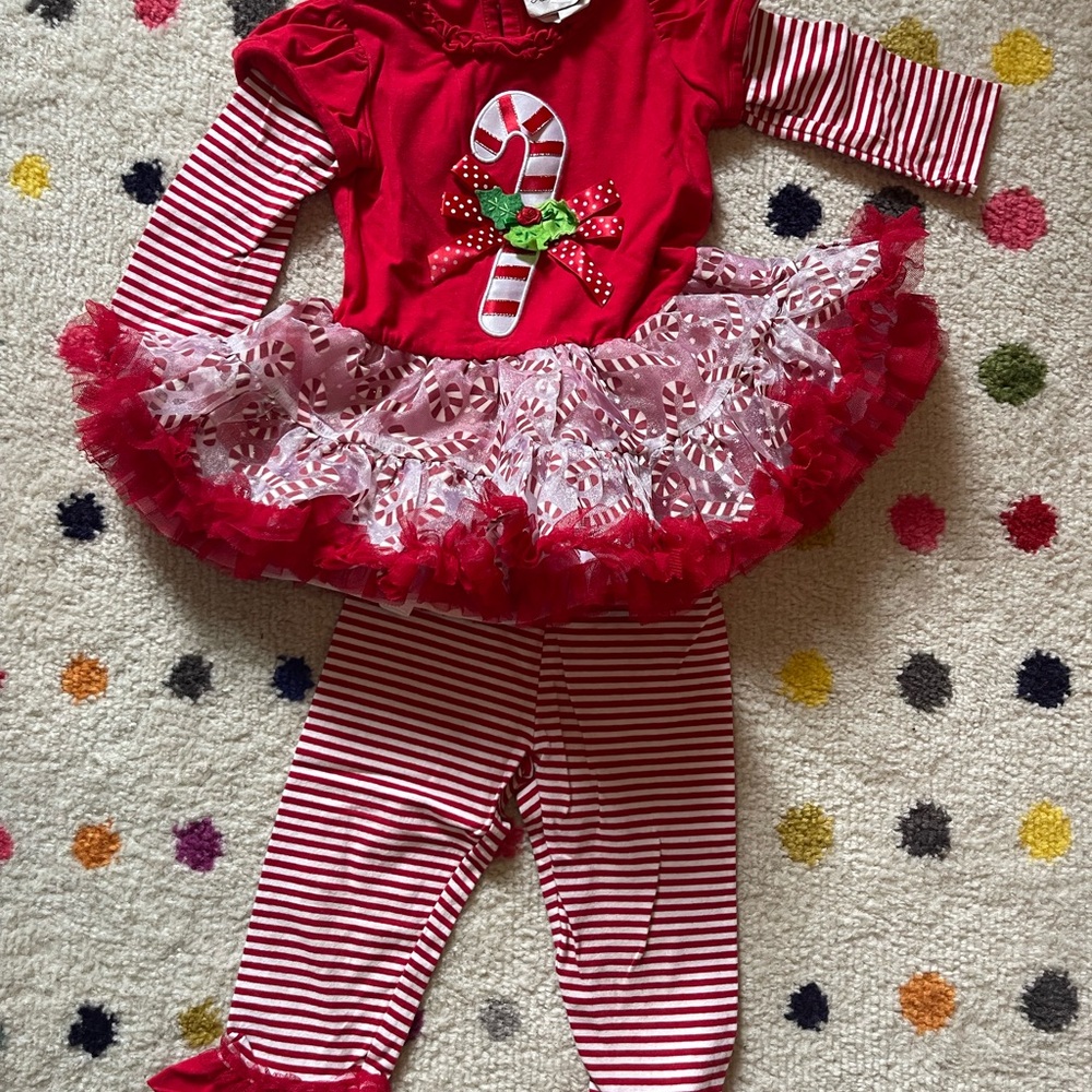 2T Red Candy Cane Toddler Outfit with Striped Leggings
